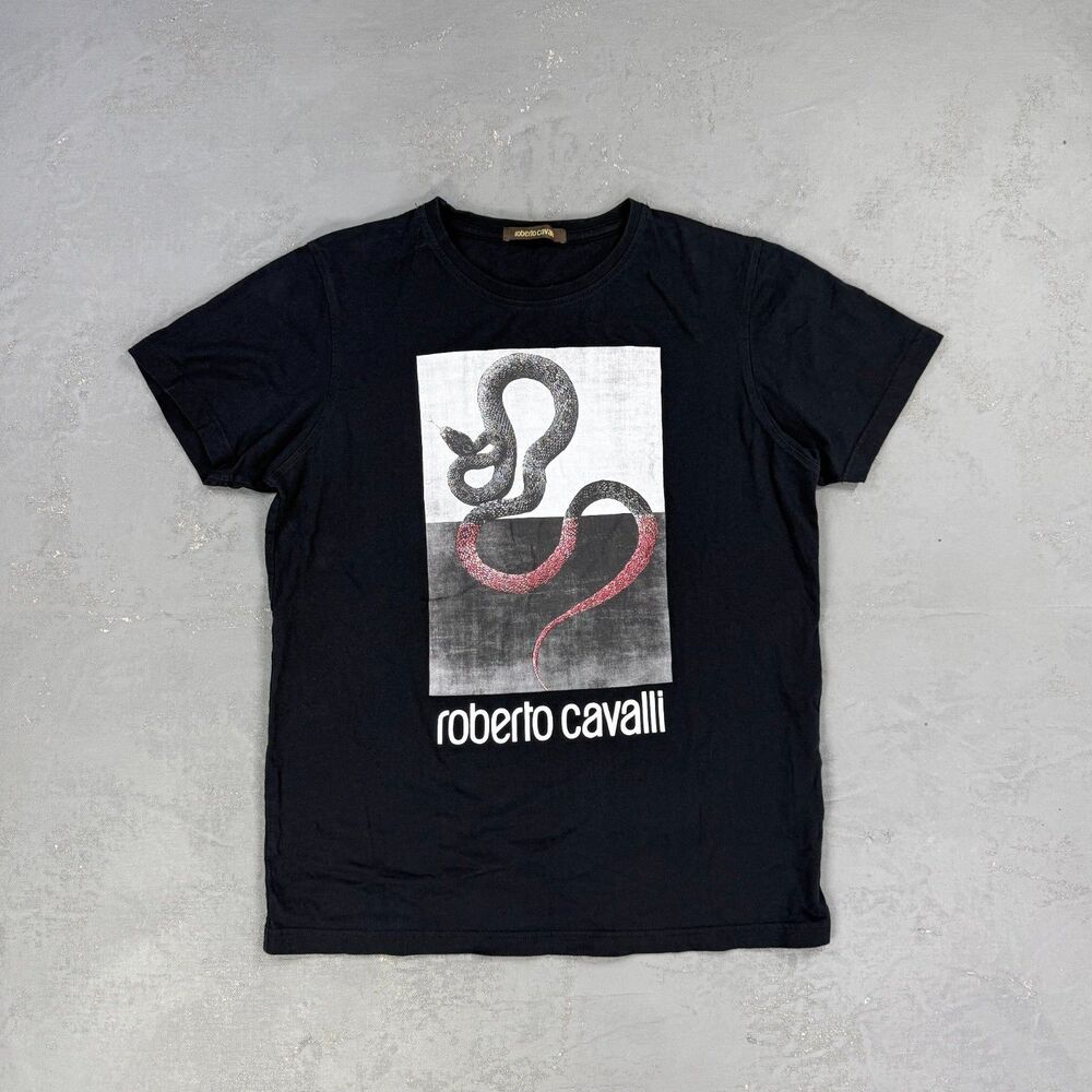 Robert Cavalli Snake Black Cotton T-shirt Men's XL